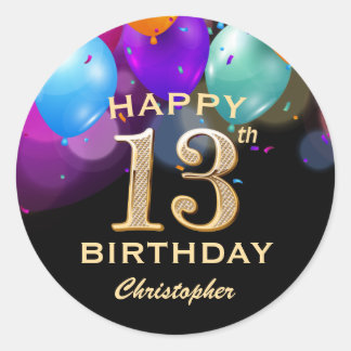 13th Birthday Party Black and Gold Balloons Classic Round Sticker