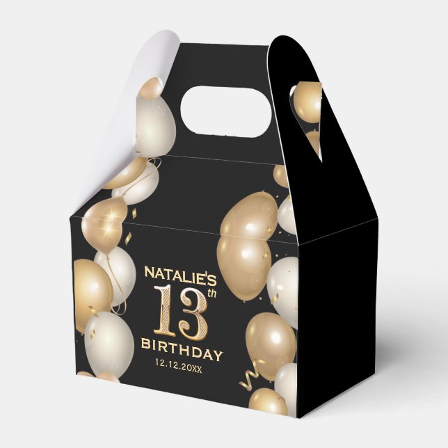 13th Birthday Party Black and Gold Balloons Favor Box (Front Side)