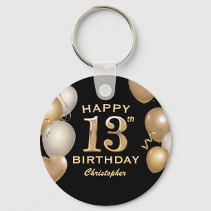 13th Birthday Party Black and Gold Balloons Keychain