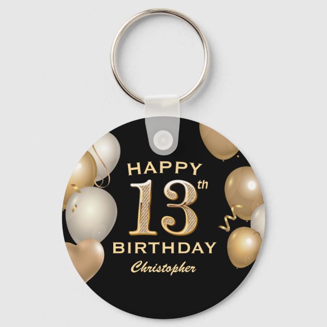 13th Birthday Party Black and Gold Balloons Keychain (Front)