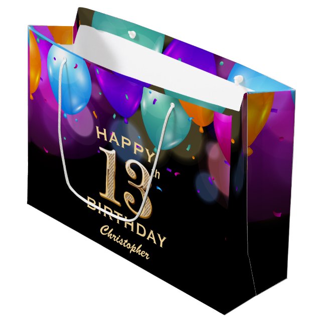 13th Birthday Party Black and Gold Balloons Large Gift Bag (Front Angled)