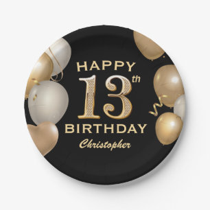 13th Birthday Party Black and Gold Balloons Paper Plate