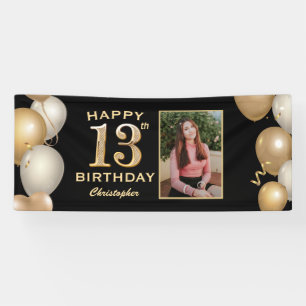 13th Birthday Party Black and Gold Balloons Photo Banner