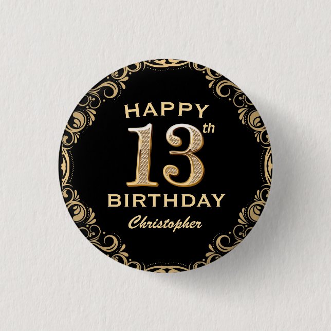 13th Birthday Party Black and Gold Glitter Frame 1 Inch Round Button (Front)