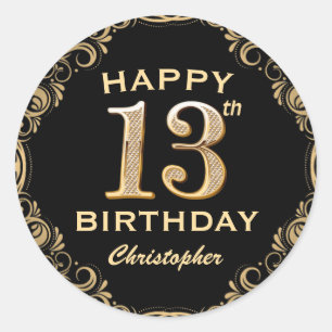 13th Birthday Party Black and Gold Glitter Frame Classic Round Sticker