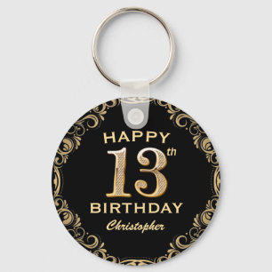 13th Birthday Party Black and Gold Glitter Frame Keychain