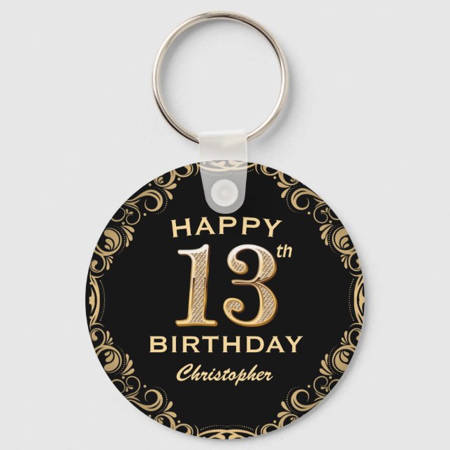 13th Birthday Party Black and Gold Glitter Frame Keychain (Front)