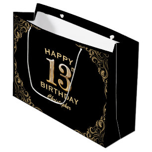 13th Birthday Party Black and Gold Glitter Frame Large Gift Bag