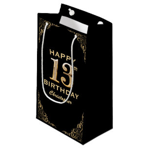 13th Birthday Party Black and Gold Glitter Frame Small Gift Bag