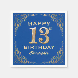 13th Birthday Party Blue and Gold Glitter Frame Napkin