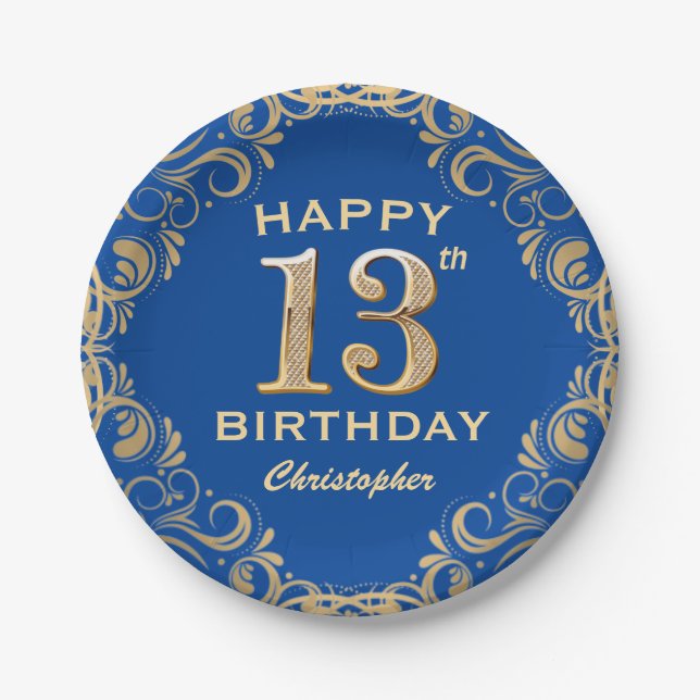13th Birthday Party Blue and Gold Glitter Frame Paper Plate (Front)