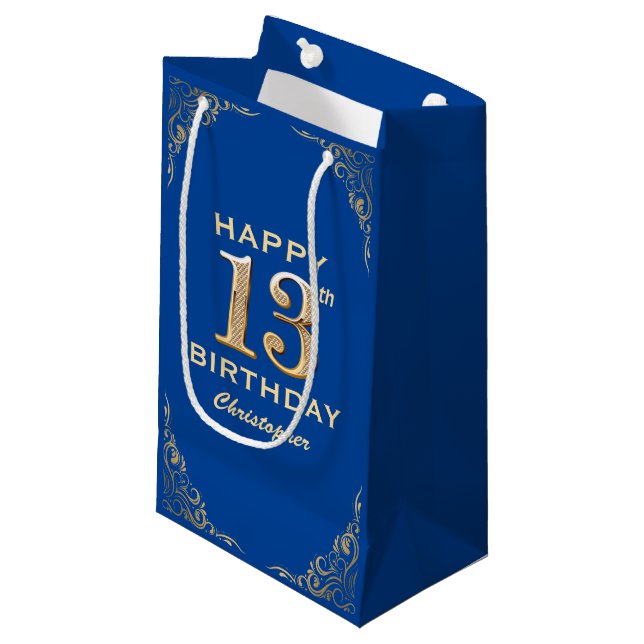 13th Birthday Party Blue and Gold Glitter Frame Small Gift Bag (Front Angled)