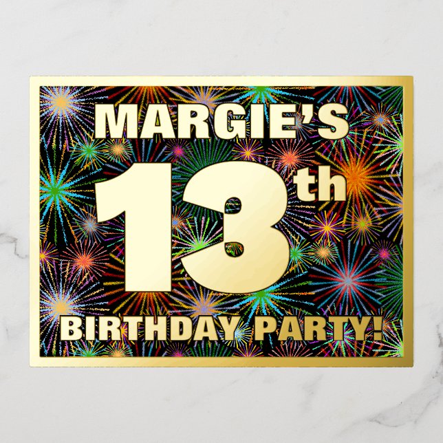 13th Birthday Party: Bold, Colourful Fireworks Loo Foil Invitation Postcard (Front)