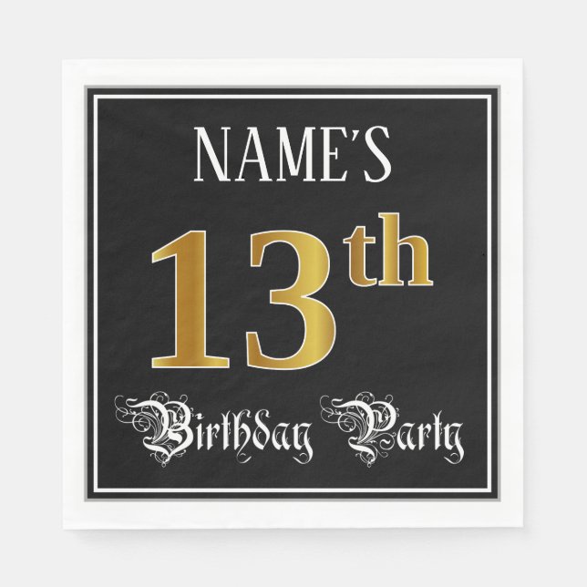 13th Birthday Party — Fancy Script, Faux Gold Look Napkin (Front)
