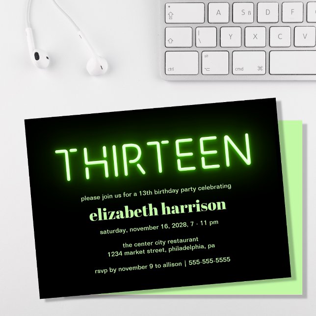 13th Birthday Party Green Neon Lights Invitation (Creator Uploaded)