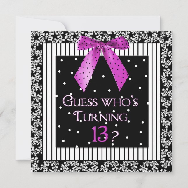 13th Birthday Party, Invitation, Black/Fuchsia/Bow Invitation (Front)