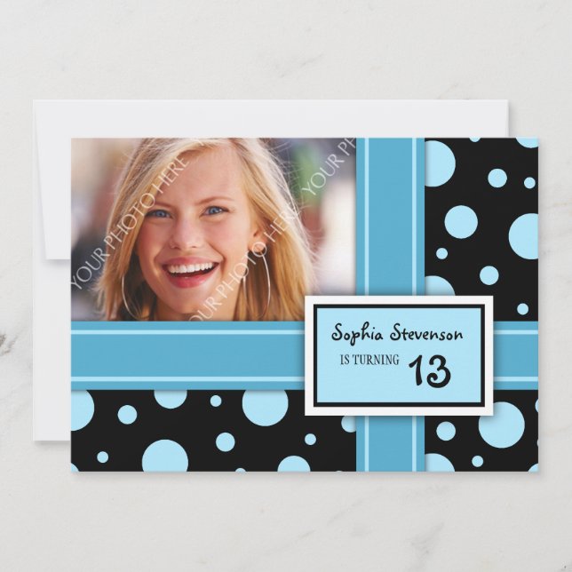 13th Birthday Party Invitation Blue Black Dots (Front)