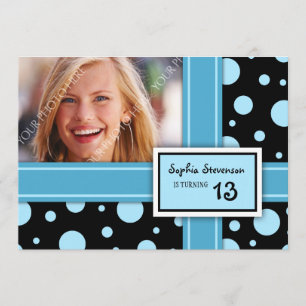 13th Birthday Party Invitation Blue Black Dots