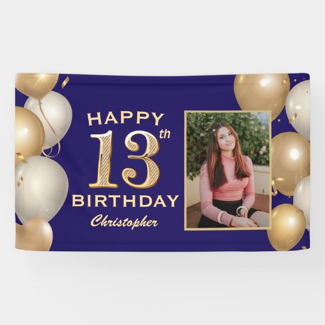 13th Birthday Party Navy Blue and Gold Balloons Banner (Horizontal)