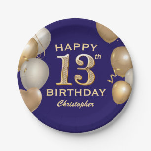 13th Birthday Party Navy Blue and Gold Balloons Paper Plate