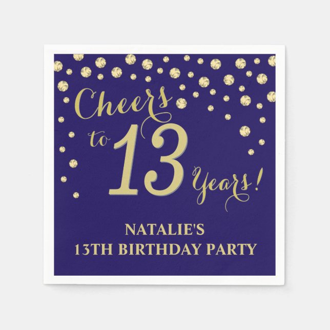 13th Birthday Party Navy Blue and Gold Diamond Napkin (Front)