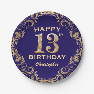 13th Birthday Party Navy Blue and Gold Glitter Paper Plate