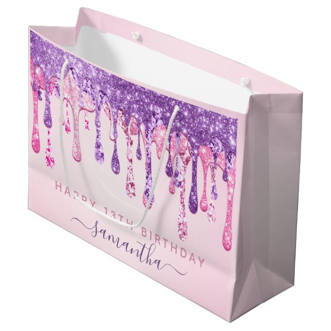 13th Birthday Party Pink Purple Glitter Dripping   Large Gift Bag (Front Angled)