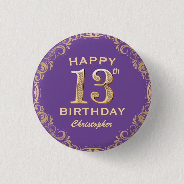 13th Birthday Party Purple and Gold Glitter Frame 1 Inch Round Button (Front)