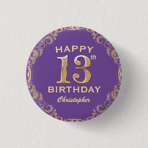 13th Birthday Party Purple and Gold Glitter Frame 1 Inch Round Button