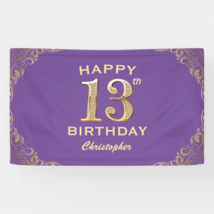 13th Birthday Party Purple and Gold Glitter Frame Banner