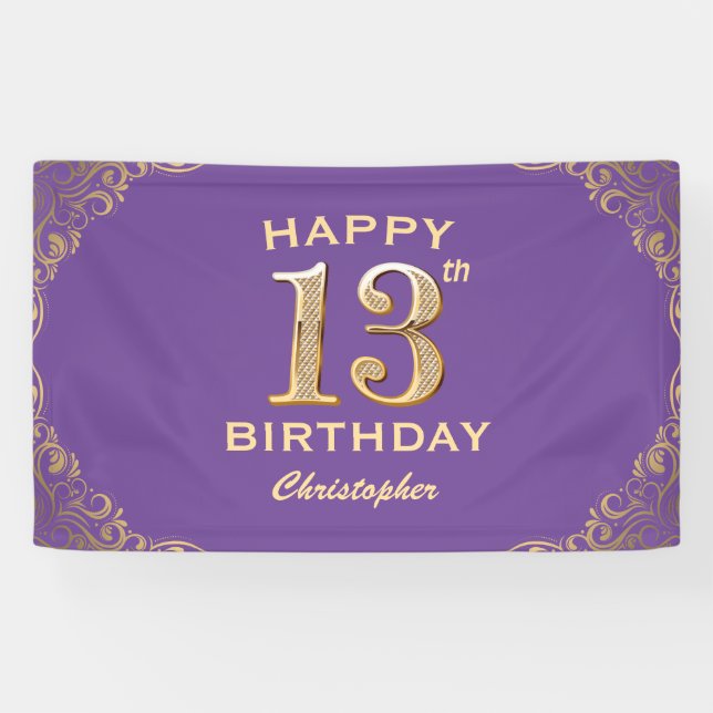 13th Birthday Party Purple and Gold Glitter Frame Banner (Horizontal)
