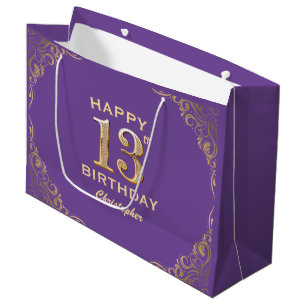 13th Birthday Party Purple and Gold Glitter Frame Large Gift Bag