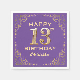 13th Birthday Party Purple and Gold Glitter Frame Napkin