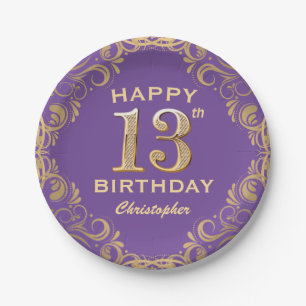 13th Birthday Party Purple and Gold Glitter Frame Paper Plate