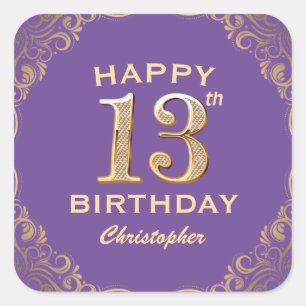 13th Birthday Party Purple and Gold Glitter Frame Square Sticker