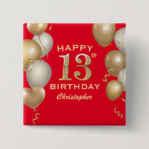 13th Birthday Party Red and Gold Balloons 2 Inch Square Button