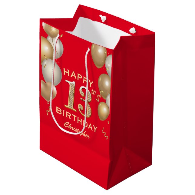 13th Birthday Party Red and Gold Balloons Medium Gift Bag (Front Angled)