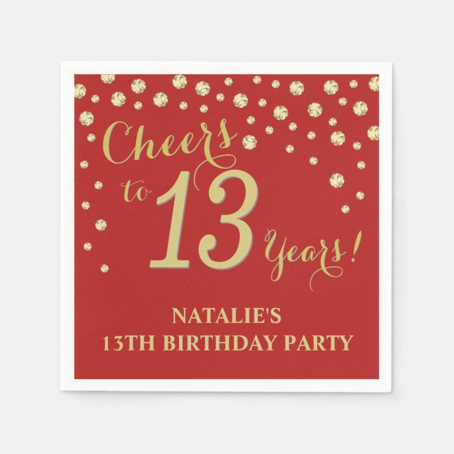 13th Birthday Party Red and Gold Diamond Napkins (Front)