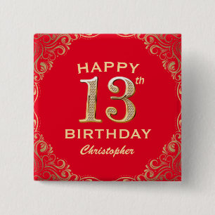 13th Birthday Party Red and Gold Glitter Frame 2 Inch Square Button