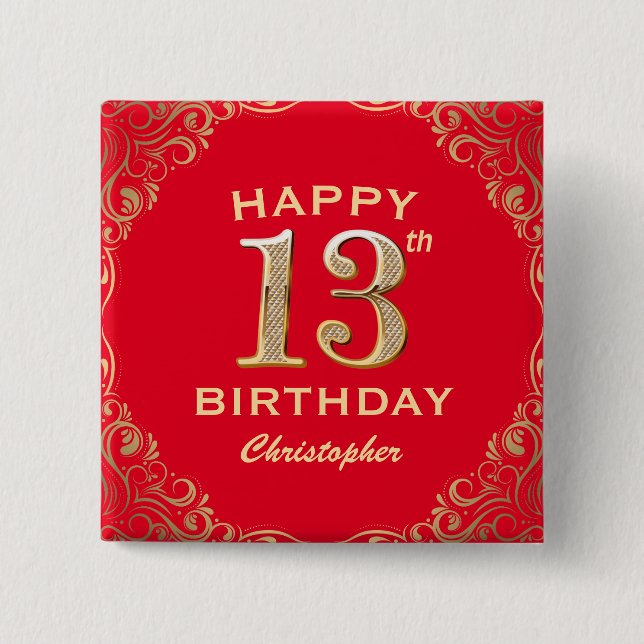 13th Birthday Party Red and Gold Glitter Frame 2 Inch Square Button (Front)