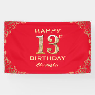 13th Birthday Party Red and Gold Glitter Frame Banner