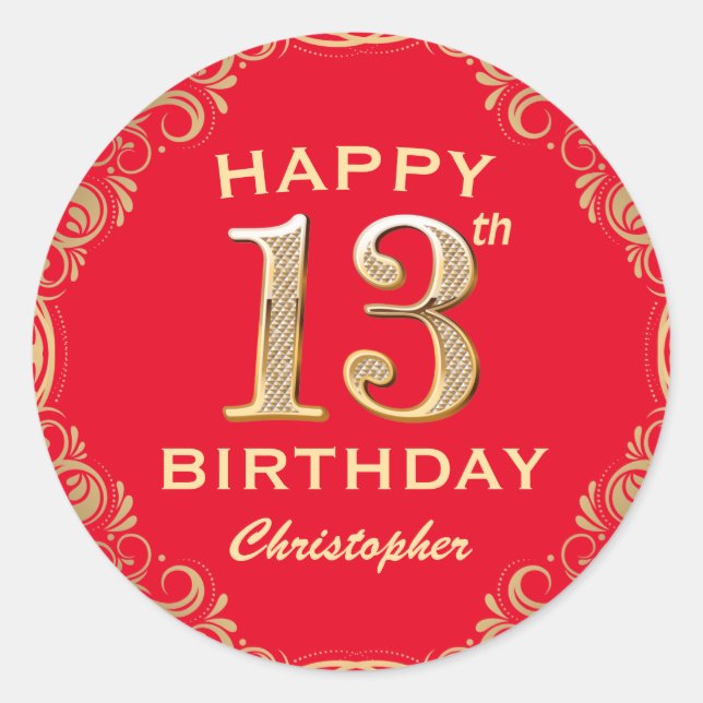 13th Birthday Party Red and Gold Glitter Frame Classic Round Sticker (Front)