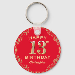 13th Birthday Party Red and Gold Glitter Frame Keychain