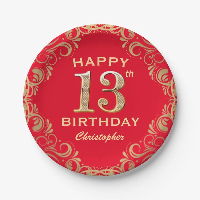 13th Birthday Party Red and Gold Glitter Frame Paper Plate (Front)
