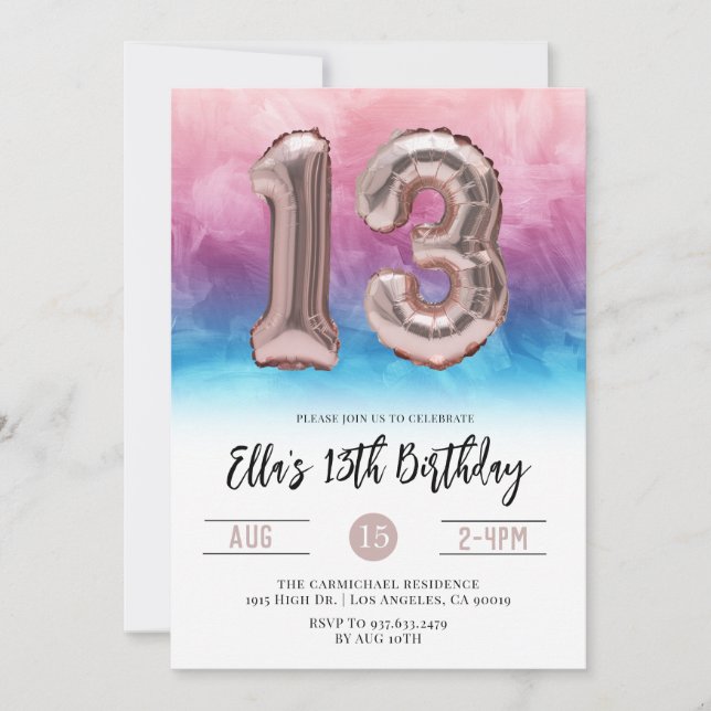 13th Birthday Pink Blue Gradient Invitation (Front)