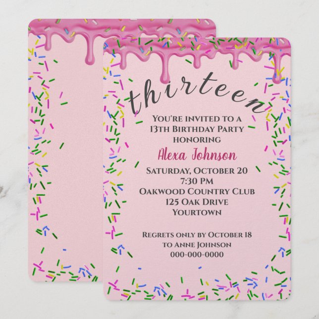 13th Birthday Pink Icing And Sprinkles Invitation (Front/Back)