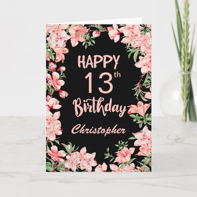 13th Birthday Pink Peach Watercolor Floral Black Card (Front)