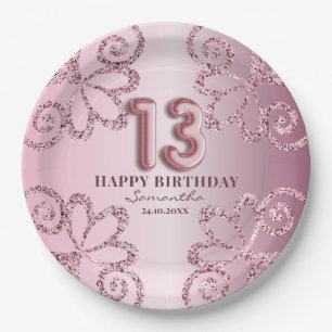 13th Birthday Pink Princess Glitter Balloon Script Paper Plate