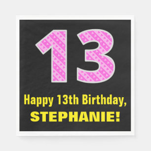13th Birthday: Pink Stripes and Hearts "13" + Name Napkin