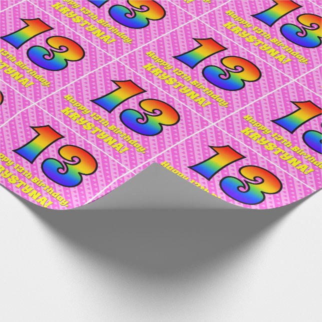 13th Birthday: Pink Stripes & Hearts, Rainbow # 13 Wrapping Paper (Corner)